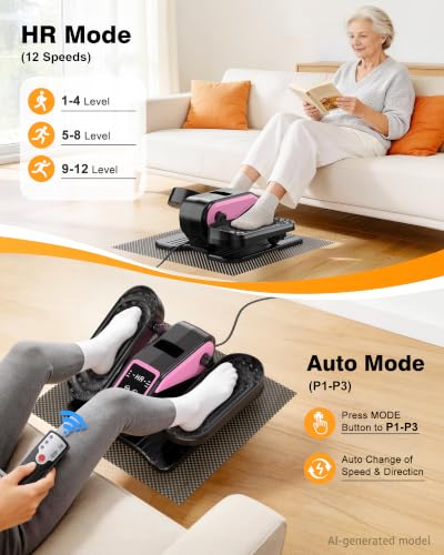 VIVURN® 023 Under Desk Elliptical Mini Electric Leg Exerciser for Senior, 12 Speeds RF Remote Display Monitor Non-Slip Mat, Quiet & Compact Seated Pedal Exerciser for Home Office Gift for Mom Dad - color: Pink