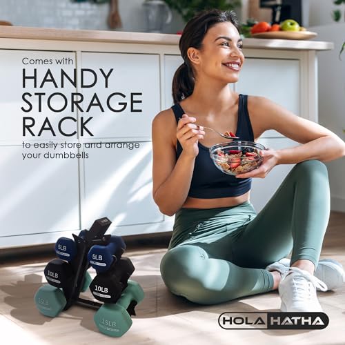 HolaHatha 1, 2 and 3 lb Neoprene Dumbbell Strength Training Weight Set with Rack - color: Blues, size: 60 LB