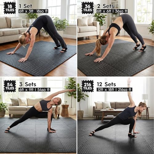 18pcs Puzzle Exercise Mat, 12.6"x12.6"x0.4", 18sqft EVA Interlocking Foam Floor Tiles, Protective, Water-Resistant Flooring for Home Gym & Workout Equipment - color: Black