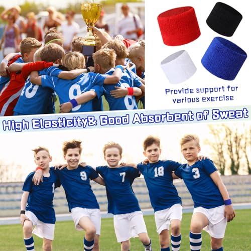 Lounsweer Wrist Sweatbands Bulk for Kids Adult Teams Sweat Bands Sports Wristband Athletic Neon Sweatbands for Football Basketball Tennis Running Gym Party Gifts - color: Red, Royal Blue, White, Black