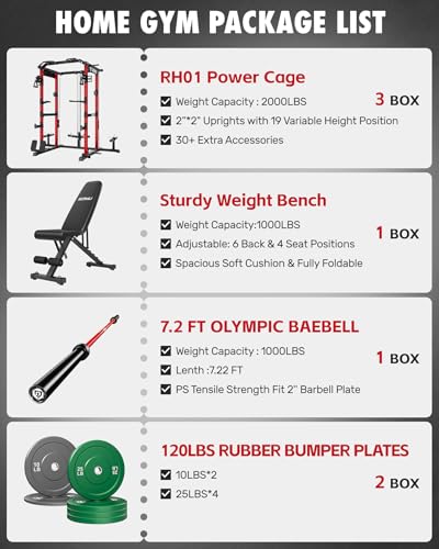 RH01 Power Cage Rack, 2000LBS Squat Rack with with Cable Crossover System&LAT Pull Down System, Multi-Function Workout Cage for Home&Garage Gym - color: Red, size: RH01 Power Cage with 120LB C Weights