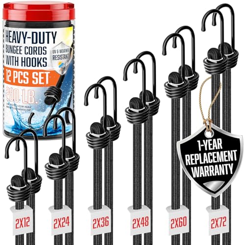 Strong Bungee Cords Heavy Duty - 12 pcs Bungee Cords with Hooks in A Storage Jar Includes 12", 24", 36", 48", 60", 72" Bungie Cord Bundle UV & Weather Resistant - size: 12 Pcs Assorted Sizes Set
