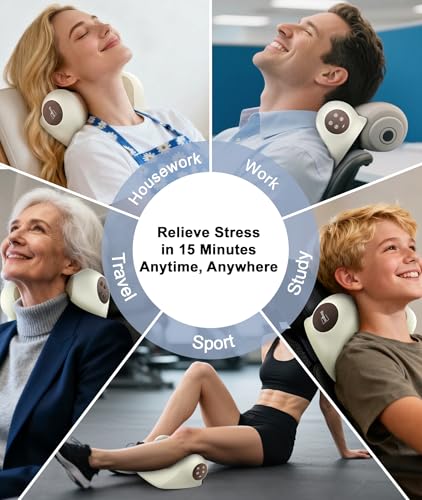 Neck Massager with Heat, Red Light & Vibration Adjustable, Heated Neck Stretcher with 3 Modes, Rechargeable Cervical Traction Device for Pain Relief & Muscle Relaxation, Gift for Women Men - color: Beige