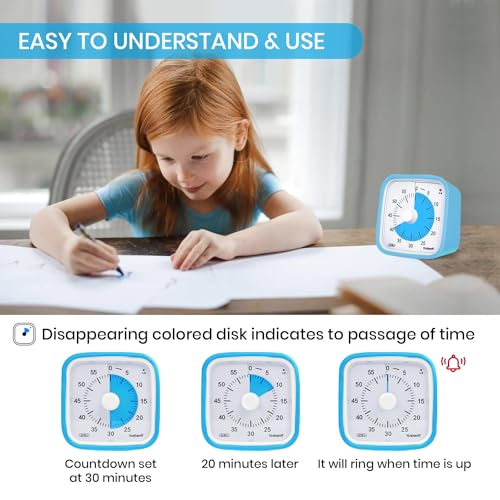 Yunbaoit Visual Timer, Silent 60-min Countdown Timer for Kids, Blue Blue | Protective Case, Time Management Tool, Mute and Ringing Alarm Available, Low Power Reminder, for Study,Game,Work,Fitness etc - color: Blue Blue