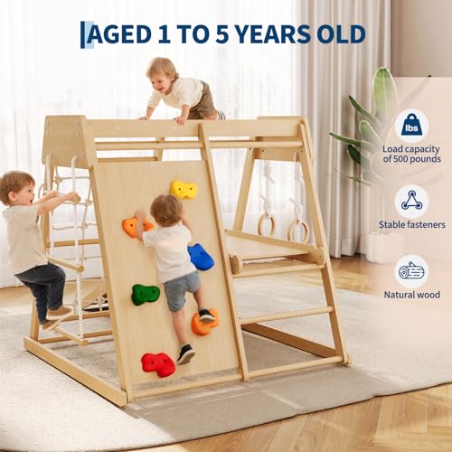 6-in-1 Indoor Playground Jungle Gym Kids Climbing Toys, Wooden Climber Playset with Slide, Climbing Rock, Monkey Bars, Climb Net, Climbing Rock, Rings, Christmas Toys for Kids, Natural