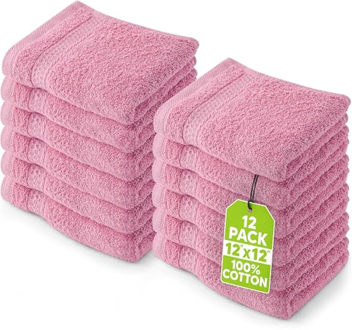 Utopia Towels 12 Pack Premium Wash Cloths Set, 12 by 12 Inches, 100% Cotton Ring Spun, Highly Absorbent and Soft Feel Essential Washcloths for Bathroom, Spa, Gym, and Face, Pink - color: Pink, size: 12 Wash Cloths