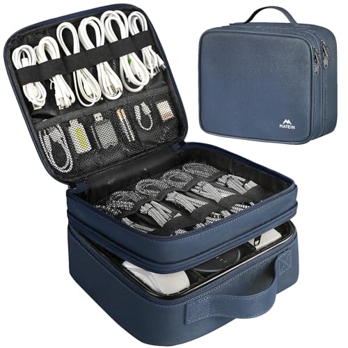 MATEIN Cord Organizer Case with Adjustable Divider, DJ Cable File Bag | Electronic Storage, Tech Accessories, Charger Cable Organizer, Cord Bag, Double Layer, Shockproof, USB Cable Organizer, Blue - color: Blue, size: Medium