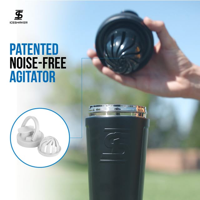Ice Shaker Stainless Steel Shaker Bottle | 26oz, Black/White | Stays Cold for 30+ Hours | Insulated Cup with Twist-on Agitator | Odor-Free Shaker Cup for Protein Shakes, Water, Smoothies - color: BWOmbre