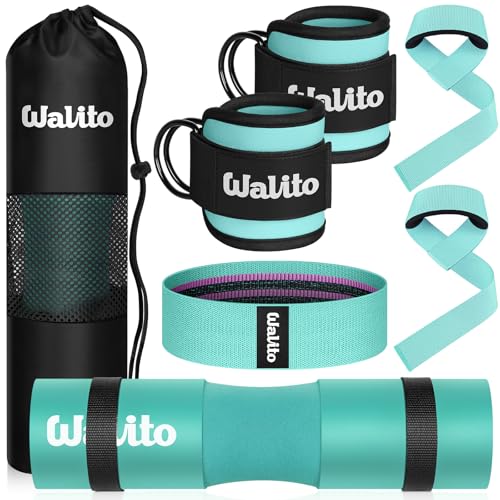 WALITO 8Pcs Barbell Pad Set for Hip Thrust - Squat Pad,Gym Accessories for Women with Bar Bad,Bench Press, with Gym Ankle Straps,Resistance Bands for Working Out,Lifting Strap,Carry Bag - color: Lake Blue