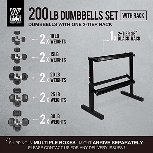 WF Athletic Supply Rubber Encased Hex Dumbbells with Rubber Grip Contoured Handle for Muscle Toning, Strength Building & Full Body Workout - color: s. 200LB Dumbbell Set w/ 2-Tier Rack
