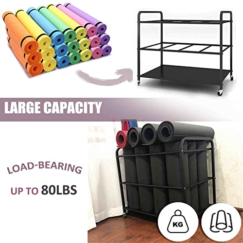 Yoga Mat Storage Rack Basket Workout Equipment Home Gym Storage Rack with Wheels Yoga Mat Holder Exercise & Fitness Organizer for Dumbbell Kettlebells Resistance Bands Yoga Blocks Foam Roller - color: Black