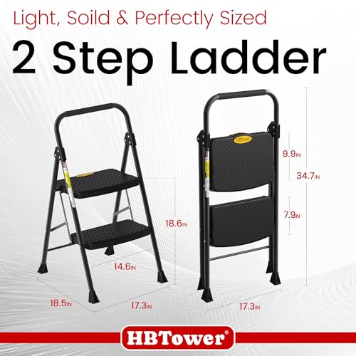 HBtower Step Ladder Sturdy, Heavy Duty Step Stool for Adults | Wide Anti-Slip Pedal Step Ladder Folding Step Stool for Home Kitchen Garage Outdoor (2 Step Ladder) - size: 2 step ladder