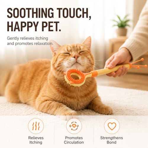 3-in-1 Cat Scratcher & Massage Stick with Teaser Tassel, Dual-Sided Grooming Brush, Handheld Tool for Loose Fur, Indoor Cats