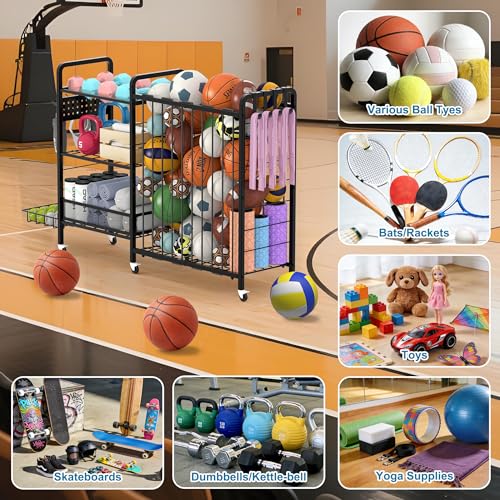 Sports Equipment Garage Organizer,Garage Ball Storage Rack for Sports with Wheels-Upgraded 3 Layers Organizer Rack Outdoor Basketball Racks for Balls with Holder and Hooks (Deep Black) - color: Deep Black