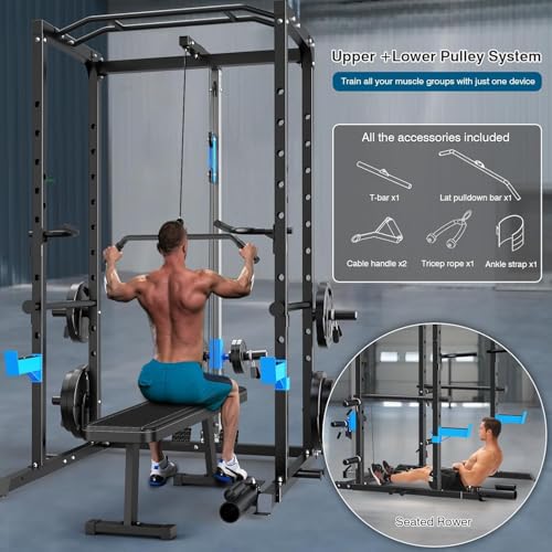 ULTRA FUEGO Power Cage, Multi-Functional Power Rack with J-Hooks, Dip Handles, Landmine Attachment and Optional Cable Pulley System for Home Gym - size: 150LB Weights Package+Flat Bench