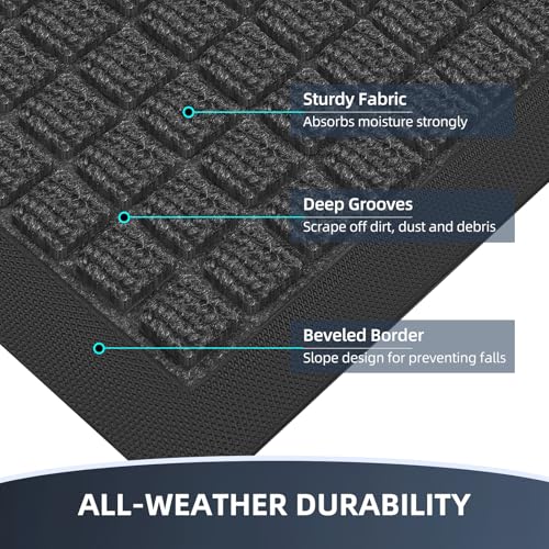 Front Door Mat Outside Entrance, Heavy Duty Waterproof Doormat | 29.5"x17" Indoor/Outdoor Dirt Trapper with Non-Slip Rubber Backing, Low Profile Easy Clean, Stain & Fade Resistant Grey - color: Grey, size: 1'5" x 2'6" (Rectangular)