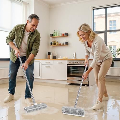 3 in 1 Floor Scrub Brush with Long Handle & Squeegee | Heavy-Duty, Adjustable, 360° Rotating Head for Cleaning Tile Bathroom Deck Kitchen Patio, Gray - color: Gray