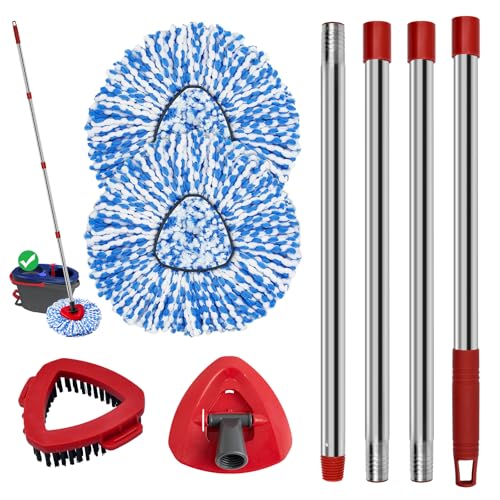 Spin Mop Handle Mop Heads and Base Replacement Sets Compatible with O Cedar EasyWring Rinseclean 2 Tank System, Flexible & Reusable(1 Sets Stainless Steel Handle & 2 Refills & 1 Base & 1 Scrub Brush) - color: 1 Sets Stainless Steel Mop Handle + 2 Blue Hea