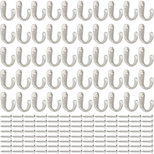 IBosins 50PCS Coat Hooks Wall Mounted Single Prong Robe Hook for Hanging Towel Hooks with 100 Screws for Cup, Mug, Bags, Hat, Cap, Scarf, Pet leashes - color: 50 Pcs Silvery