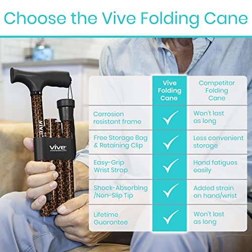 Vive Folding Cane - Foldable Walking Cane for Men, Women - Fold-up, Collapsible, Lightweight, Adjustable, Portable Hand Walking Stick - Balancing Mobility Aid - Sleek, Comfortable - color: Leopard