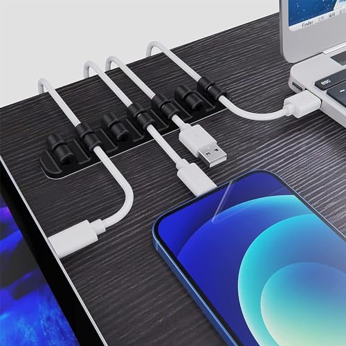 SOULWIT Upgraded Cable Holder, Cable Management Cord Organizer Clips Silicone Self Adhesive for Desktop USB Charging Cable Power Cord Bedside Wire PC Office Home (3/5/7 slot,Black) - color: Black