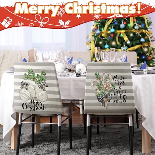 Moukeren 6 Pcs Christmas Chair Cover Set Stretch Dining Chair Back Covers Vintage Christmas Santa Claus Elk Slipcovers Farmhouse Removable Elastic Seat Protector for Xmas Party Kitchen Home Decor - style: Fresh