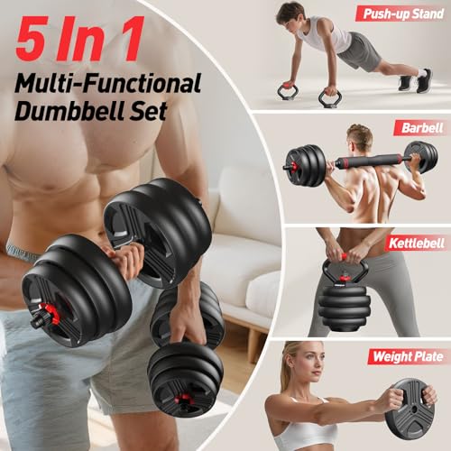 FITPLAM Adjustable dumbbell set,20/35/45/55/70/90lbs Free Weights set with upgraded nut, 5 in 1 Weight Set Used as Kettlebells, Barbell, Push up Stand, Fitness Exercise for Home Gym Suitable Men/Women - style: 90LB Total(45LB Each)