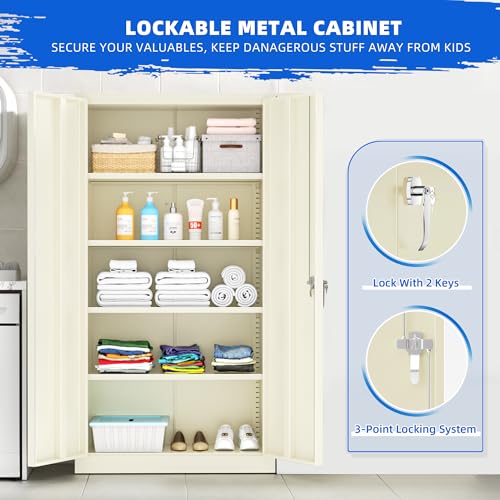 Superday Locking Metal Cabinet 72"×36"×18", Tall Storage Cabinet with 2 Doors and 4 Shelves, Large Metal Steel Utility Cabinets for Garage Tool Office File Pantry (Putty) - color: Putty, style: 72"