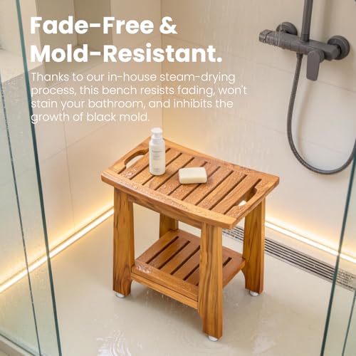 21" Standard Teak Shower Bench with Shelf & Handle - Waterproof, Non-Slip Bath Stool, 300 lbs Capacity - Fits Standard Tubs/Showers & Outdoor Use (Patented) - size: 21"W x 13" Dx 18"H