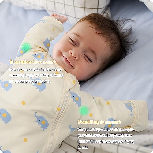 Organic Cotton Transitional Baby Swaddling Sack Soft with Arms Up & Sleeves 0-3 Months, Mitten Cuffs, 2-Way Zipper, Sleeping Sacks for Newborns - Calms Startle Reflex, Boys & Girls Sleep Bag - color: Little Elephant, size: S ( 0-3 Months, 6-14 Lbs )