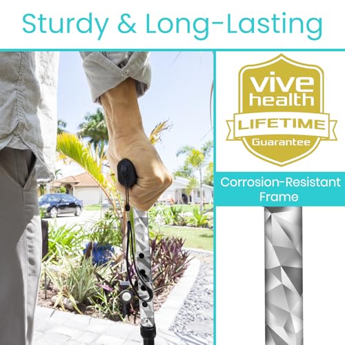 Vive Folding Cane - Foldable Walking Cane for Men, Women - Fold-up, Collapsible, Lightweight, Adjustable, Portable Hand Walking Stick - Balancing Mobility Aid - Sleek, Comfortable T Handles - color: Grey Poly