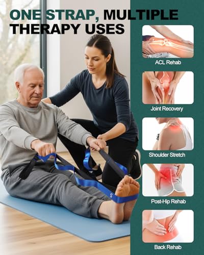 Trideer Non-Elastic Stretching Strap with Loops for Physical Therapy & Rehab, Knee Hip Leg ROM Post-Surgery, Yoga Strap for Stretching, Leg Lifter Strap Mobility Aid, Hamstring Calf Back - color: Blue