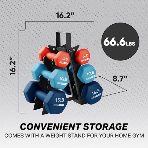 HolaHatha 1, 2 and 3 lb Neoprene Dumbbell Strength Training Weight Set with Rack - color: Blue/Red, size: 60 LB