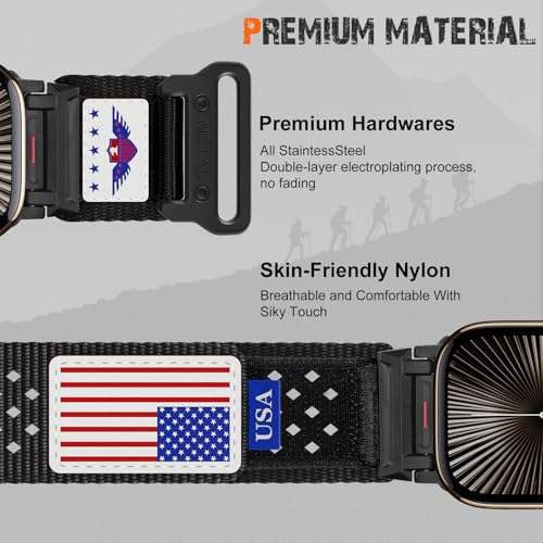 Rugged Nylon Band for Apple Watch Ultra 3/2/1 Series 11 10 9 8 7 6 5 4 SE/3/2/1 for Men,Breathable Stars-Stripes Flag Wristband Workout Athletic Strap for iWatch Ultra Bands 49mm 46mm 45mm 44mm 42mm - color: 06-Black-Red Blue Flag-Metal adapter, size: 49/