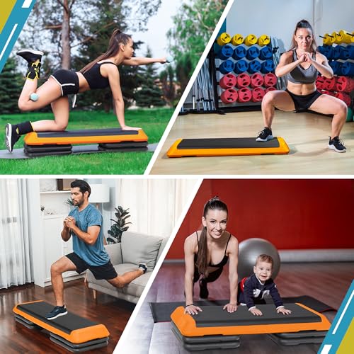 F2C 43 inch Aerobic Exercise Step Platform Adjustable Height Stepper Exercise Workout Step Bench with 4 Risers 4" - 6" - 8" Large Fitness Exercise Stair Step for Home Gym Fitness Training - color: Yellow