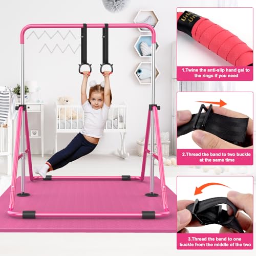 RINREA Gymnastic Bars for Kids, Adjustable Height Horizontal Bar for Home | 5-Height 35"-51", Foldable & Space-saving, Indoor Outdoor Training Kip Bar, with Gymnastics Rings & Gymnastics Pad - color: Pink with Mat