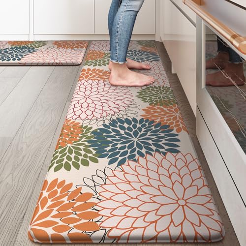 Collive Kitchen Rugs and Mats Cushioned Anti Fatigue Kitchen Mat 2PCS Non-Skid Waterproof Kitchen Runner Rug Comfort Foam Standing Mat for Floors,Office,Laundry,Sink,Floral - color: Colorful, size: 17.3" x 59 "+ 17.3" x 29 "--0.47 inches