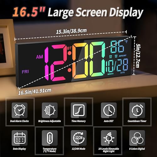 16.5" Digital Wall Clock with Bluetooth Auto-Sync, Large LED Display, Smart Auto Dimming, DST, Remote Control, Night Light, Date & Temperature for Living Room, Black - color: Black-multicolor