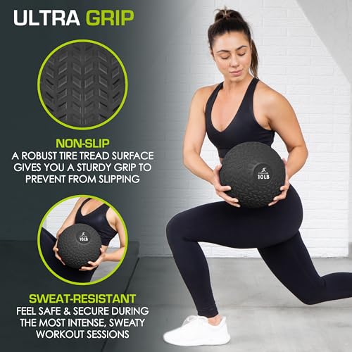 ProsourceFit Slam Medicine Balls 5, 10, 15, 20, 25, 30, 50lbs Smooth and Tread Textured Grip Dead Weight Balls for Strength and Conditioning Exercises, Cardio and Core Workouts - color: Tread - Black, size: 10 LB