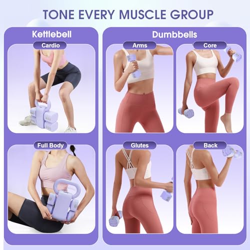 Adjustable 2-in-1 Convertible Kettlebell & Dumbbells Set, 4 in 1 Free Weights Dumbbell Set of 2, Each 2.2 3.3 4.4 5.5lb Quick Change Women Dumbbell Set for Home Exercise Training - color: Purple