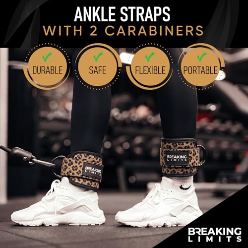 Breaking Limits Ankle Straps for Cable Machines Women - Cable Kick Back Set | Cable Kick Back Ankle Straps, Gym Cable Ankle Strap Attachment, Glute Leg Strap for Cable Machine, Neoprene, Double D-Rings - color: Leopard - Pair