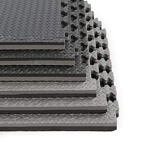 Xspec 1" Extra Thick 48 sq ft Reversible EVA Gym Foam Floor Mat Tiles (24" x 24"), Steel Pattern, 12 pcs, Black & Grey - color: Black
