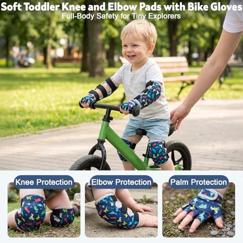 Soft Toddler Knee Pads and Elbow Pads Set with Bike Gloves | Non-Slip Toddler Knee Pads for Boys Girls 2-4 Years, Breathable Kids Protective Gear for Balance Bike, Scooter, Bicycle - color: Blue