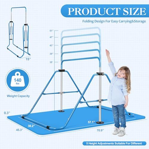 Expandable Gymnastics Bars with Ring, Adjustable Height Gymnastic Horizontal Bars, Gym Junior Training Bar Children Folding Training Monkey Bars for Kids - color: Mat+Blue