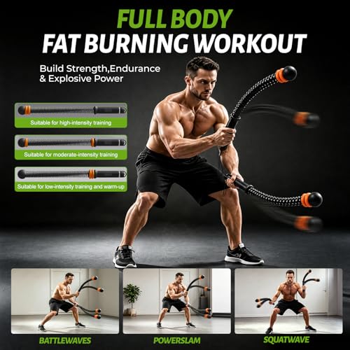 Weighted Ropeless Battle Ropes, Heavy Duty Portable Cordless Battle Rope for Home Gym with Grip Poster Strengtheners, Grip Poster & Storage Bag. Battle Rope Sticks for HIIT, Strength & Quiet Cardio