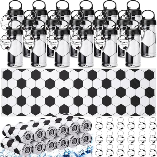 18 Set Soccer Cooling Towels with Plastic Container and Name Card 40"x12" Microfiber Breathable Chilly Ice Towel Sweat Towels Bulk for Neck Players Team Gift Sport Running Party Favors - style: Soccer