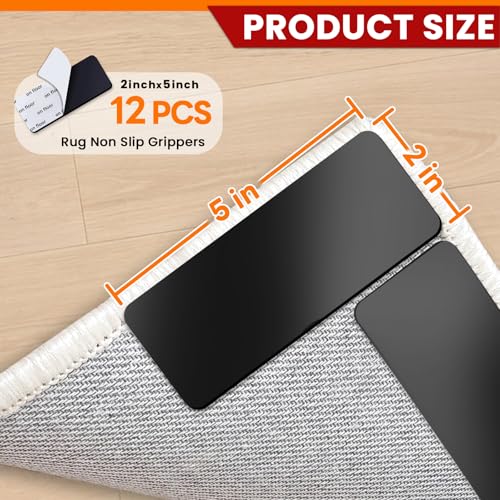 YINTTIAN Rug Non Slip Grippers, 2 x 5 Inch Reusable Carpet Grippers Rug Tape Pads for Hardwood Floors and Tiles, Removable and No Residue on Floor (12) - size: 5 inch- 12 Pcs