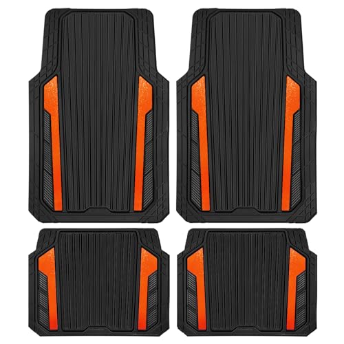 CAR PASS Heavy Duty Rubber Car Mats Metallic, Aluminum Film All Weather Floor Mats Waterproof Universal Trim to Fit SUVs Sedans Vans 4 Piece Anodized Deep Dish Two-Tone Sporty Black Orange Chrome - color: Black Orange