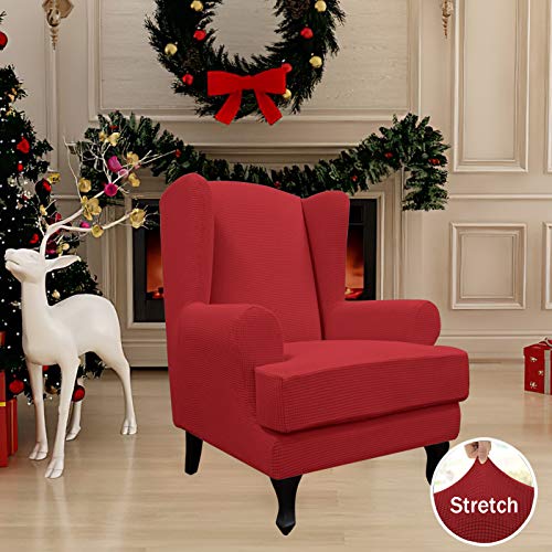 Easy-Going Stretch Wingback Chair Sofa Slipcover 2-Piece Sofa Cover Furniture Protector Couch Soft with Elastic Bottom, Spandex Jacquard Fabric Small Checks, Christmas Red - color: Christmas Red