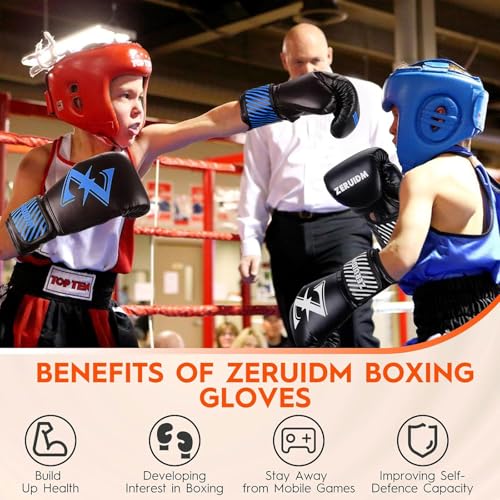 Kids Boxing Gloves 6 oz Youth Training Sparring Gloves for 3–12, Leather Ventilated Mesh, Boys Girls Junior Punching Gloves for PunchBag Focus Pads MMA Muay Thai Kickboxing - color: Blue